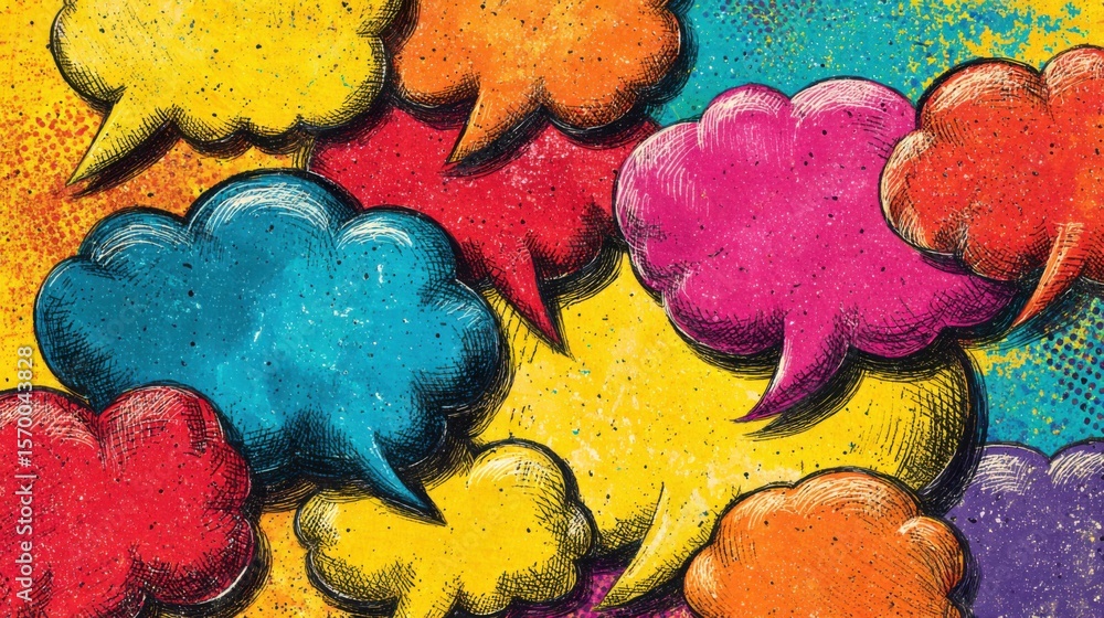 Aufkleber a colorful drawing of many different colored speech bubbles. the speech bubbles are of various sizes