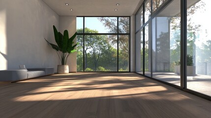 Fototapeta premium Modern empty room with large windows overlooking a garden