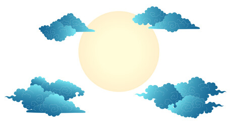 Moon partially covered by clouds isolated on transparent. Hand drawn vector illustration. Qixi, Mid Autumn Festival design elements. Chinese, Japanese, Korean clipart. Traditional Buddhist thangka art
