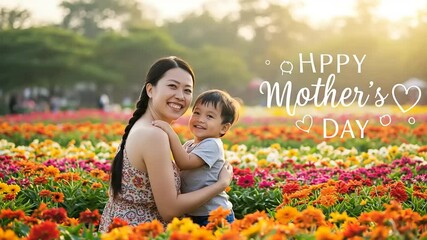 Happy Mothers Day Mom  Son in Flower Field.