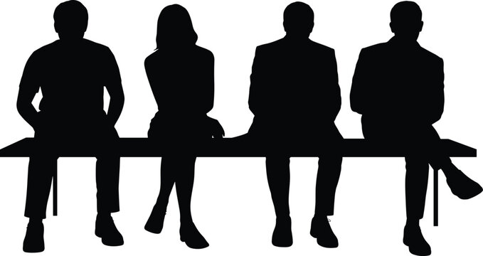 Silhouettes of diverse professionals and individuals sitting together on a bench, representing collaboration, waiting, team meetings, and various business or casual group scenarios.