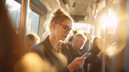 Young blond woman commuting while scrolling on smartphone. Daily digital habits in public transport with warm morning light