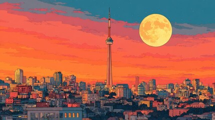 Fototapeta premium A city skyline with a tall tower and a large moon in the sky. The sky is orange and the moon is bright