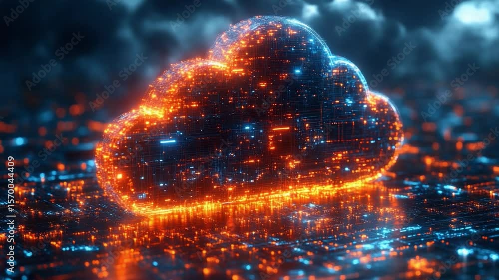 Poster cloud computing network: a fiery, futuristic cloud symbol composed of glowing circuits and nodes res