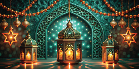 Obraz premium Vector illustration of a mosque with abstract background and city silhouette design