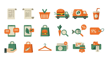  Comprehensive Food Delivery, Shopping, and Retail Icons. Set of 20 colorful icons for food delivery, online shopping & retail: receipts, delivery trucks, shopping bags, discount tags, and payment