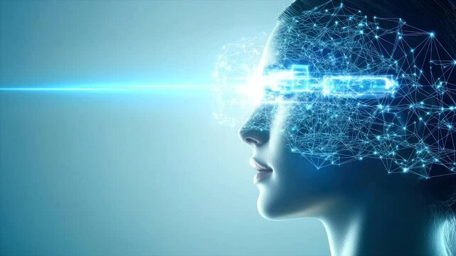 Woman's profile, illuminated; data streams connect to her mind, symbolizing technological integration with consciousness