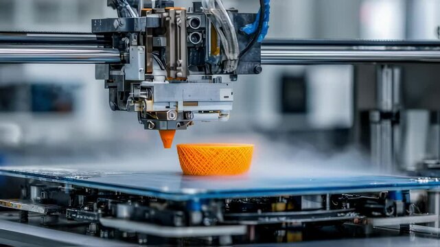 Automated industrial 3d printer producing an orange plastic bowl prototype using fdm technology in a state of the art laboratory, highlighting advancements in additive manufacturing and innovation