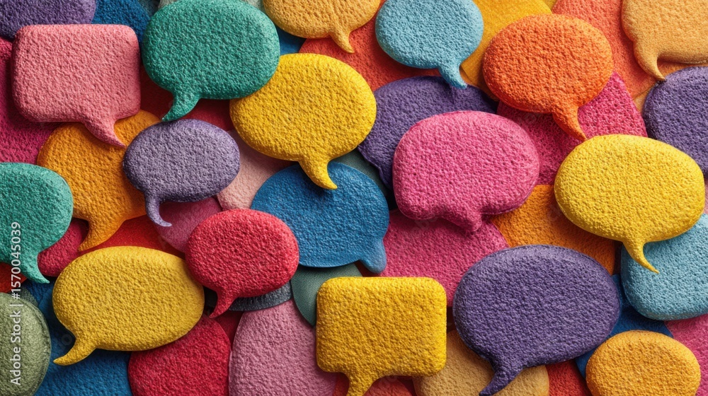 Poster a colorful array of doughnut shaped speech bubbles. the speech bubbles are of various colors and siz