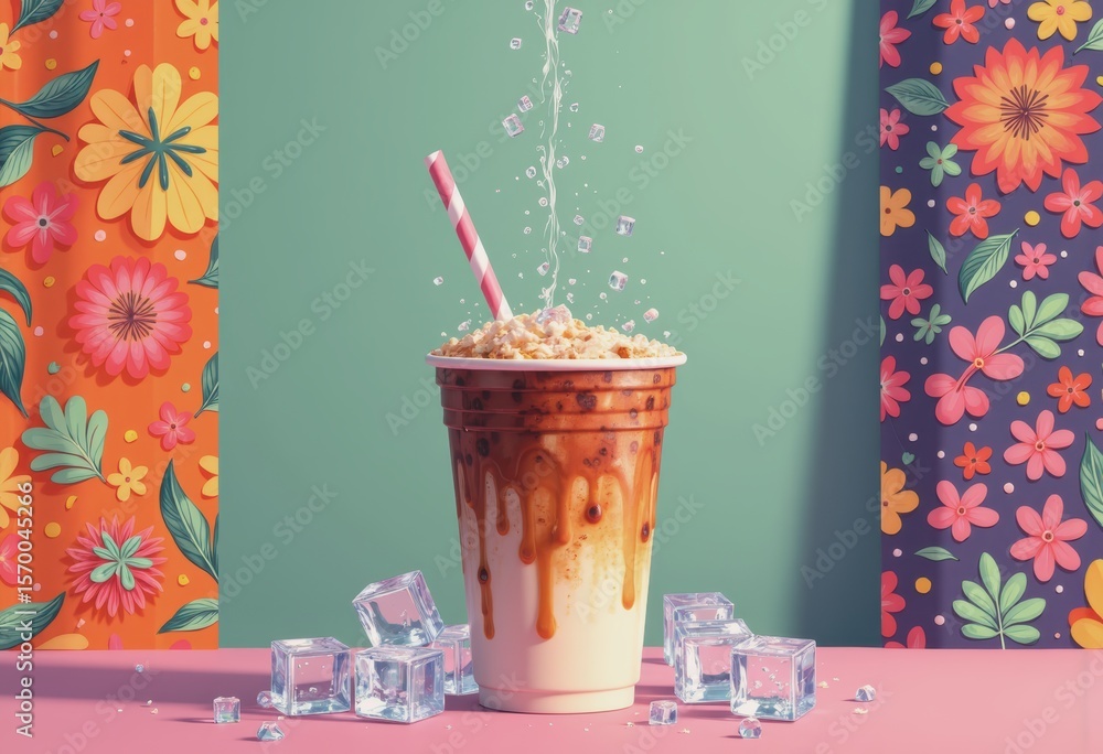 Poster cold brew coffee with ice and caffeine visualization in a vibrant setting