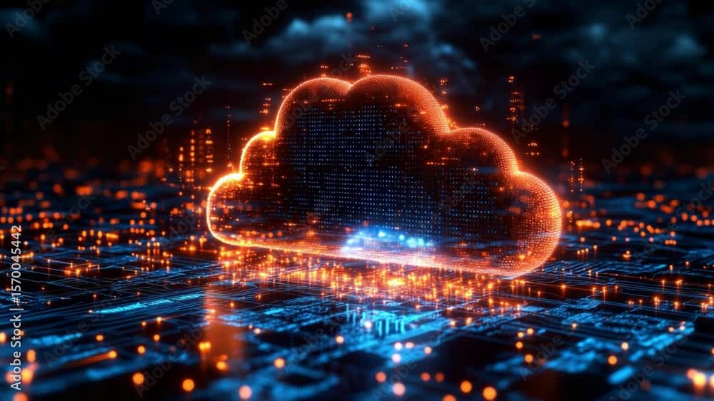Poster cloud computing nexus: an abstract, dynamic cloud glows, symbolizing the interconnectedness of digit