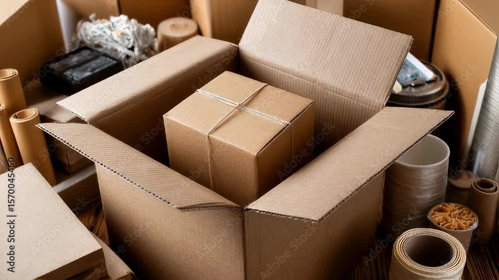 Aufkleber open cardboard box containing a smaller parcel tied with string sits on a wooden surface amidst vari