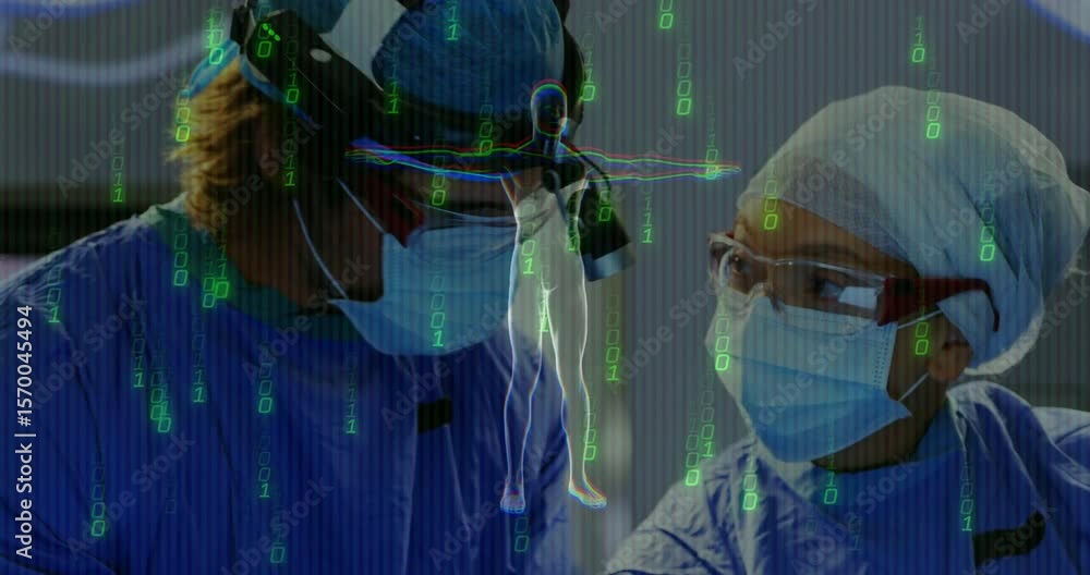 Poster upon opening projecting ar hologram between surgeons observing binary overlay for surgical guidance