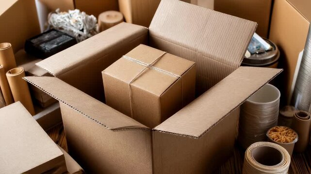 Open cardboard box containing a smaller parcel tied with string sits on a wooden surface amidst various packing materials, creating a scene of packing or unpacking