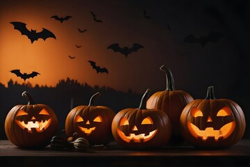 Orange to Black Halloween Gradient Background with Pumpkins and Bats &ndash; Center Copy Space