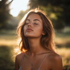 Fototapeta premium Young brunette woman with closed eyes enjoying sunlight outdoors