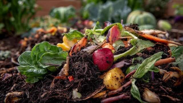 Organic matter decomposing into nutrient rich soil amendment improves soil structure, water retention, and provides essential nutrients for healthy plant growth