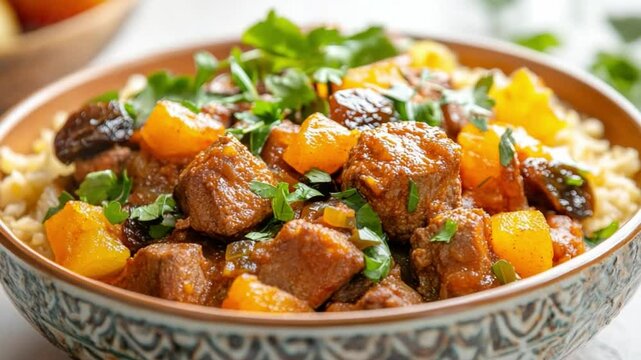Moroccan Tagine Delight: A tantalizing overhead shot of a Moroccan tagine, showcasing tender meat pieces, vibrant fruits, and aromatic herbs artfully arranged in a beautifully patterned bowl.