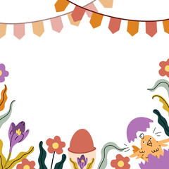 Easter frame with hatched chicken, egg and festive element. Square background for social media card, banner, invitation, seasonal print. Hand-drawn vector flat illustration.