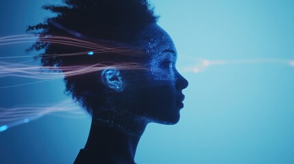 Futuristic woman portrait with data streams flowing concept design