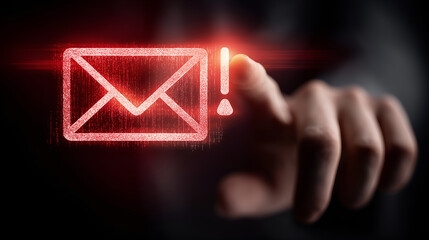 Urgent Email Alert: A digitally rendered hand points towards a glowing email icon, emphasizing the urgency and importance of a notification. This image represents the core concepts of communication.