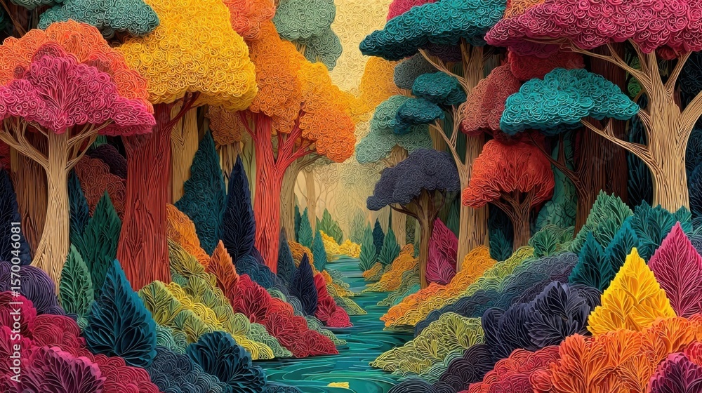 Poster a colorful forest with a river running through it. the trees are of different colors and sizes, and 