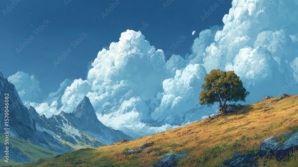 Poster a mountain range is in the background with a tree in the foreground. the sky is cloudy and the mood 