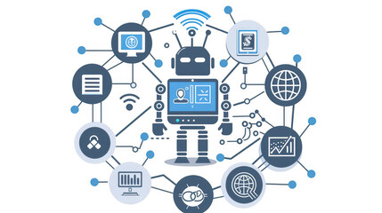 Futuristic robot connected to various digital services and data points isolated on transparent background