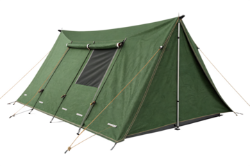 A green canvas tent stands ready for camping adventures, rendered in a realistic digital style. on AI Generated PNG