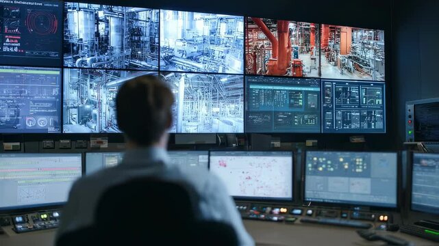 Operator in a high tech control room monitors multiple screens displaying complex industrial systems and data analytics. The environment emphasizes technology and precision in modern industry