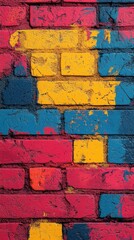 Fototapeta premium Brightly painted brick wall with a yellow and blue arrow painted on it