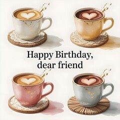 Vintage Watercolor Coffee Cups Clipart – Four White Ceramic Cups with Heart Foam Art 