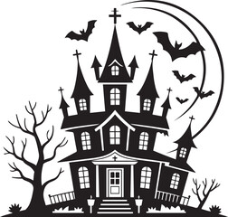 Haunted House Silhouette with Bats and Trees Halloween Vector Illustration

