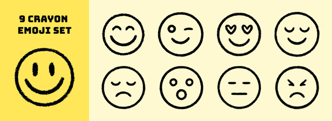 Set of 9 hand-drawn crayon style emoji faces showing various emotions. Doodle emoticon pack with rough textured lines. Expressive cartoon smiley face collection. 