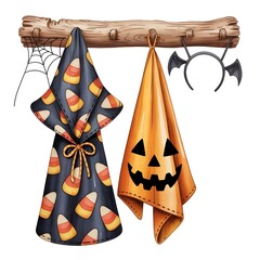 Digital Airbrush Witch Robe Illustration – Candy Corn Print with Jack-o’-Lantern Towel