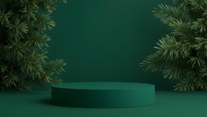 Minimalist dark green podium surrounded by lush green foliage on a plain background