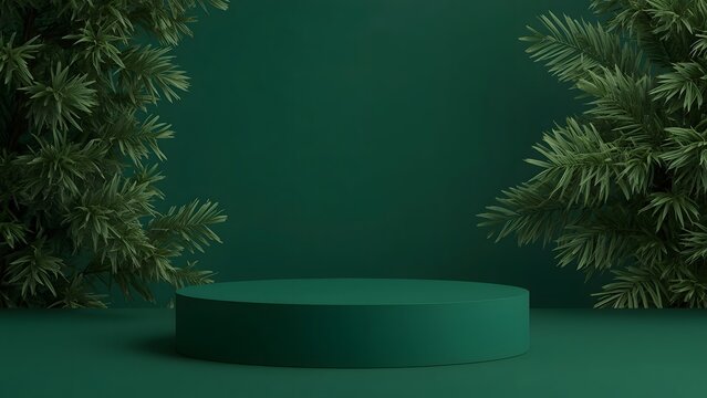 Minimalist dark green podium surrounded by lush green foliage on a plain background