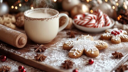 Fototapeta premium Cup of coffee and cookies on a table christmas background copy space
