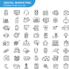 Digital Marketing Icon Set with SEO, Social Media, Email, Analytics, Online Advertising, Content Marketing, Web Strategy, Mobile Marketing, and Branding Symbols in Modern Flat Style