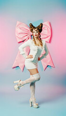 Kawaii-Inspired Fashion Look Girl in Pastel Blue Outfit with Statement Hairstyle