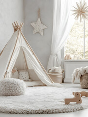 Kids room background for zoom calls. Creative Scandinavian interior. Minimalistic beige design