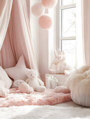 Kids room background for zoom calls. Creative Scandinavian interior. Minimalistic beige design