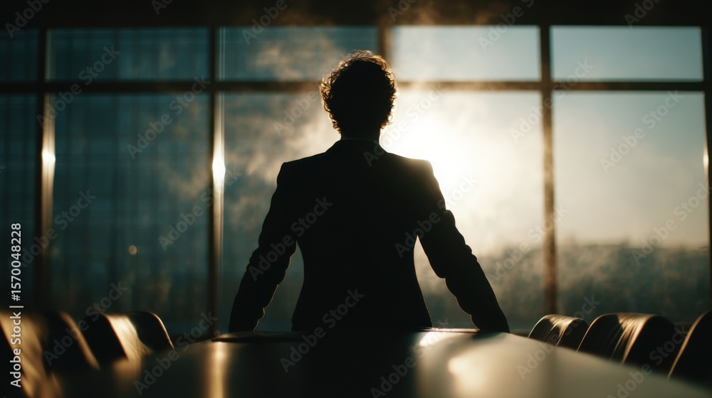 Poster a man in a suit is sitting at a table in a room with a view of the sun. he is wearing a tie and he i