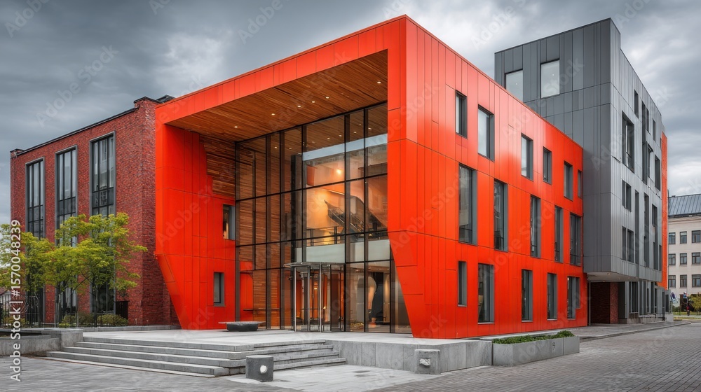 Poster a large red building with a glass front. the building is surrounded by trees and has a brick facade.