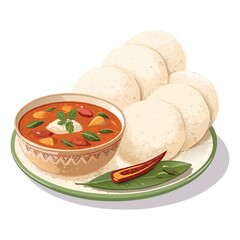 South Indian Breakfast Rava idli, served with coconut chutney and sambar or curr