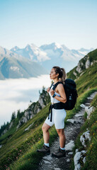 Woman Adventurer Looking at Scenic Cloud-Covered Mountain Peaks