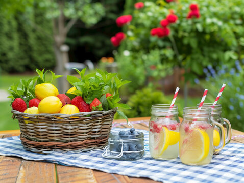small picnic style table, mason jars with lemonade, basket of fresh fruit