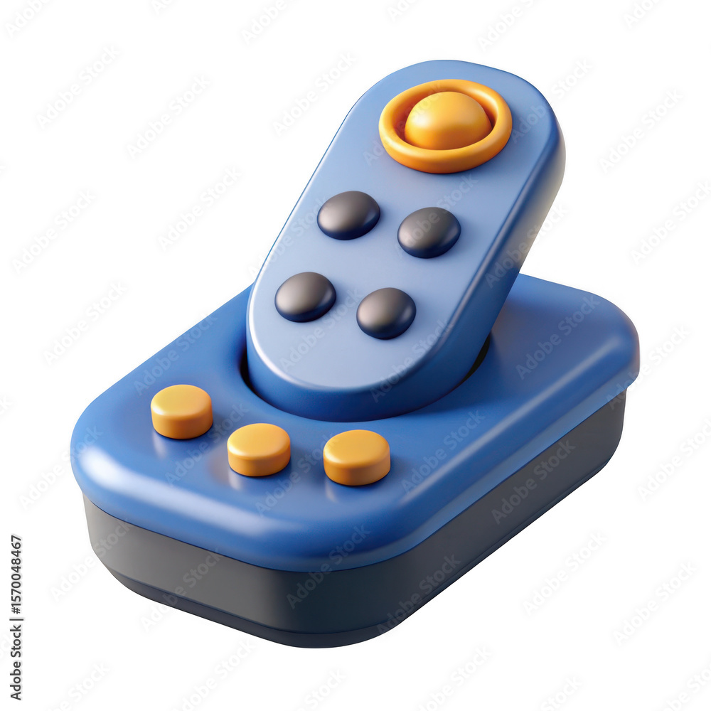 Poster retro blue video game controller with orange buttons isolated on transparent background
