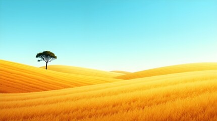 A wide-angle HD photo of golden fields swaying under a clear blue sky, with gentle rolling hills in the distance and a single tree silhouette on the horizon -