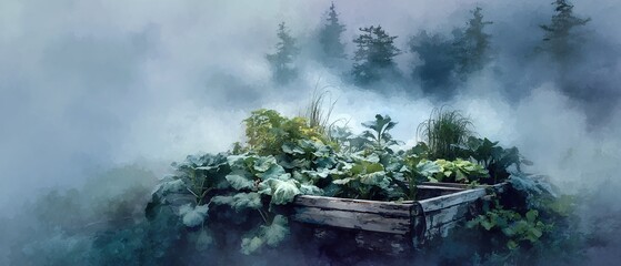 Vegetable Garden in Foggy Landscape.